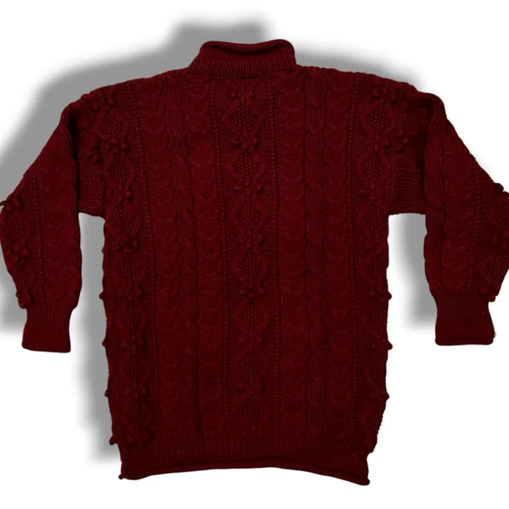 VTG IVY Hand Knit Tunic Sweater Long Sleeve Cable Knit Embroidery Loose Fit S Red - Image 2