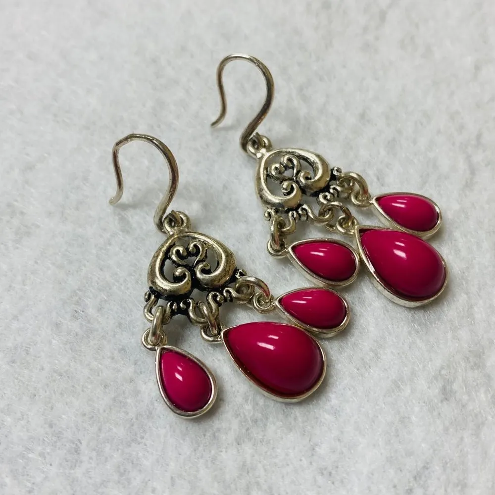 Pink Teardrop Cabochon Silver Color Metal Dangle Drop Hook Pierced Earrings - Image 10