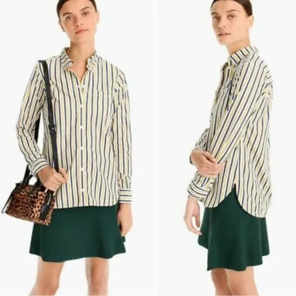 J.Crew Striped Classic Fit Boy Shirt Yellow Navy Blue Button-Up Shirt Size 6 - Image 2