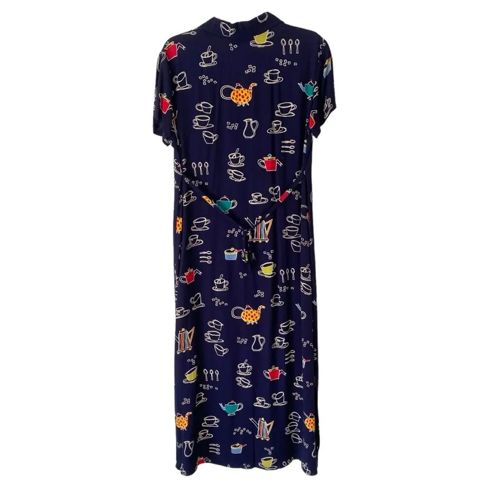 David Dart Vintage Teapot Teacup Coffee Navy Blue Midi Dress Down Size XS - Image 6