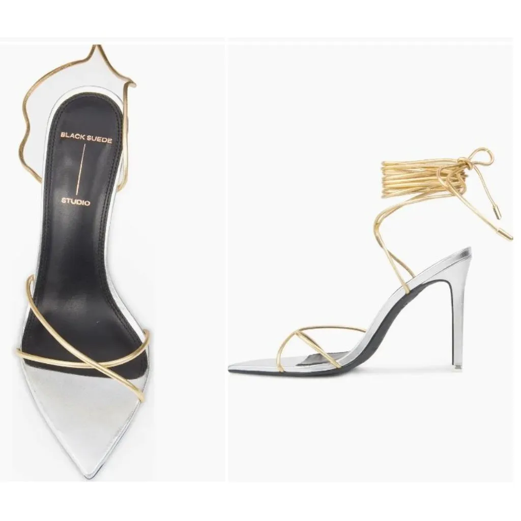 Black Suede Studio Talia Heel Pointy Sandal in Silver Gold 39 New with Box Women Size 8 - Image 15