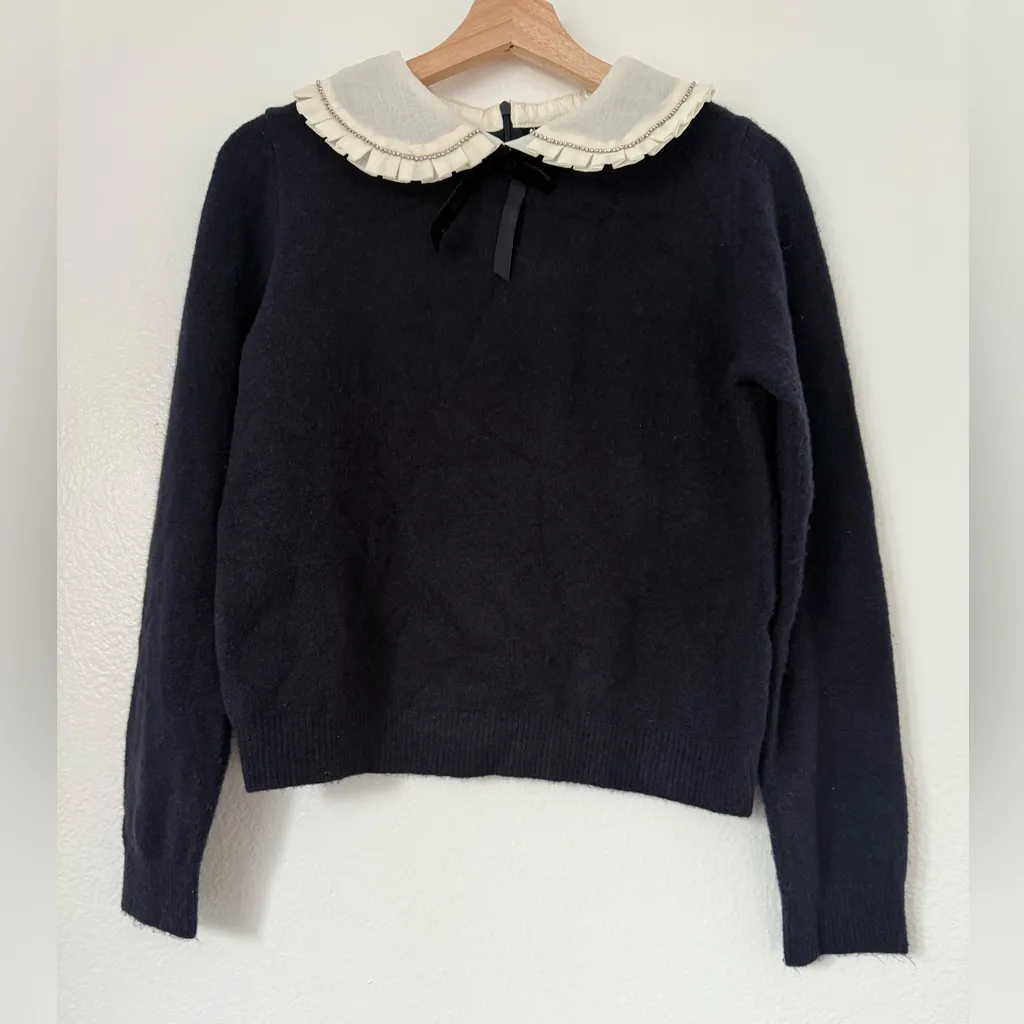 ZARA Navy Blue Rhinestone Trim Peter Pan Pointelle Collar Knit Sweater size M - Image 5
