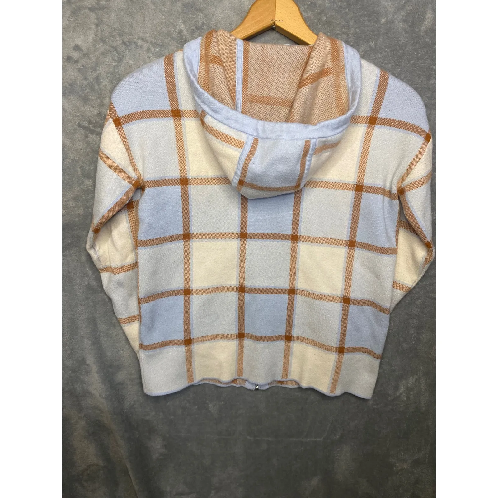 Cynthia Rowley Plaid Zip Up Hoodie Sweater Jacket Size S Blue‎ Tan Cream - Image 2