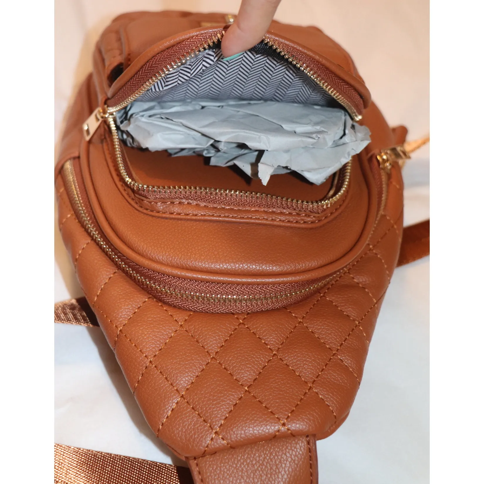 SG SUGU Emma Diamond Quilted Triple Compartment Crossbody Sling Bag Brown - Image 8