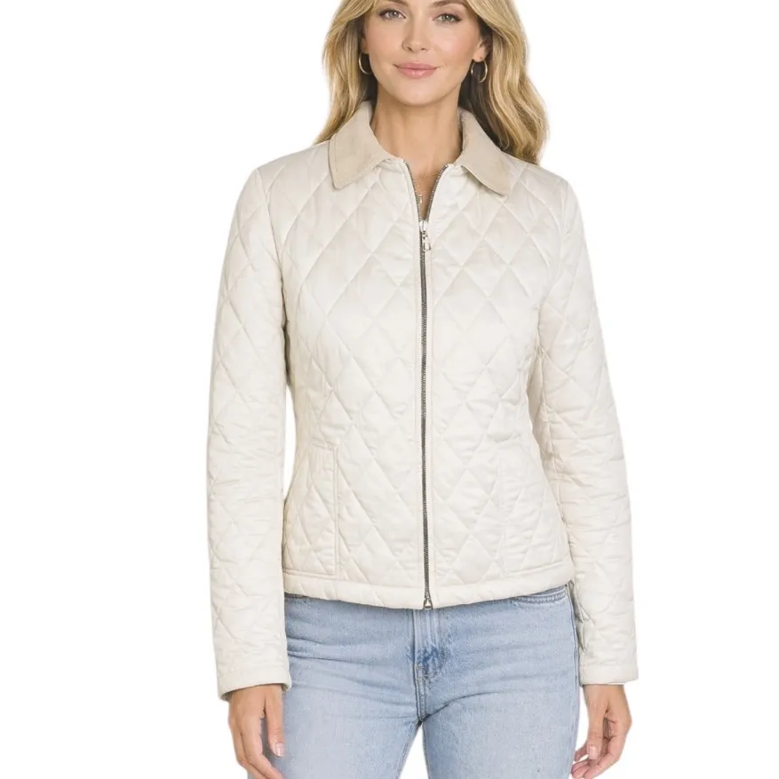 Lauren Ralph Lauren Diamond Quilted Barn Jacket Zip Front Cream Size S - Image 13