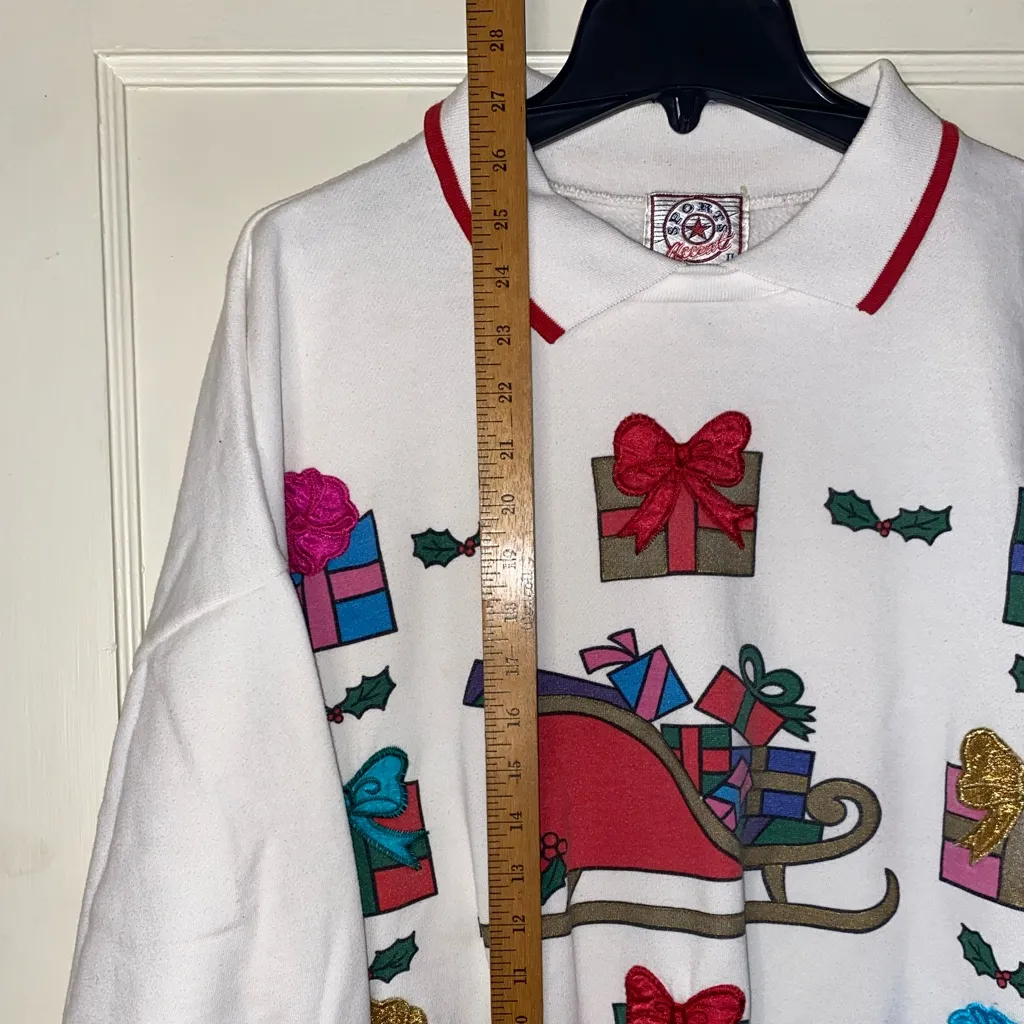 Vintage Sports Accent Ugly Christmas Sweatshirt/Sweater Collared White XL 70/80s - Image 2