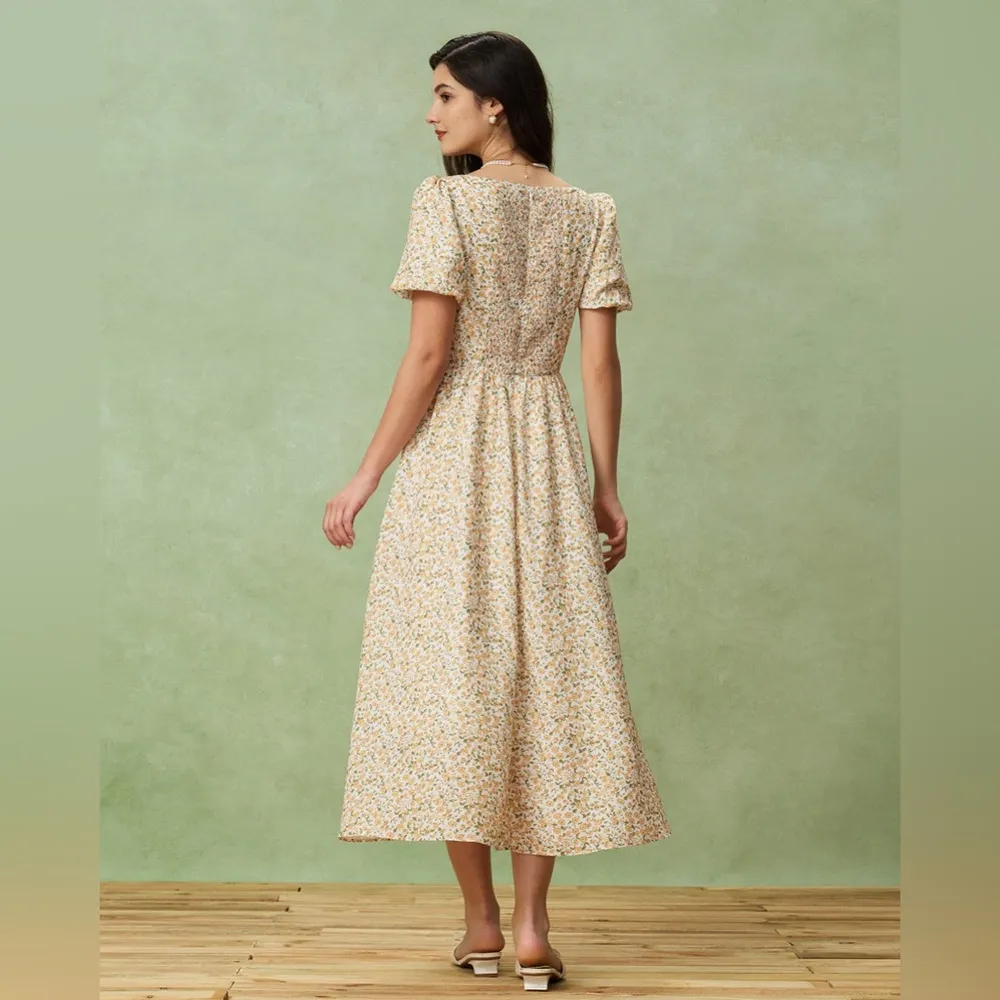 Rihoas Yellow Floral Puffed Sleeve Midi Dress Size XS - Image 6