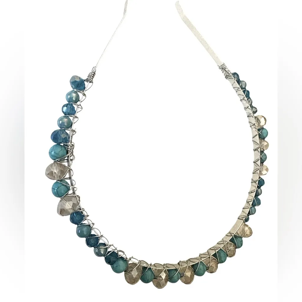 Silver Headband with Turquoise, Austrian Crystals and Electroplated Glass Beads Blue - Image 4