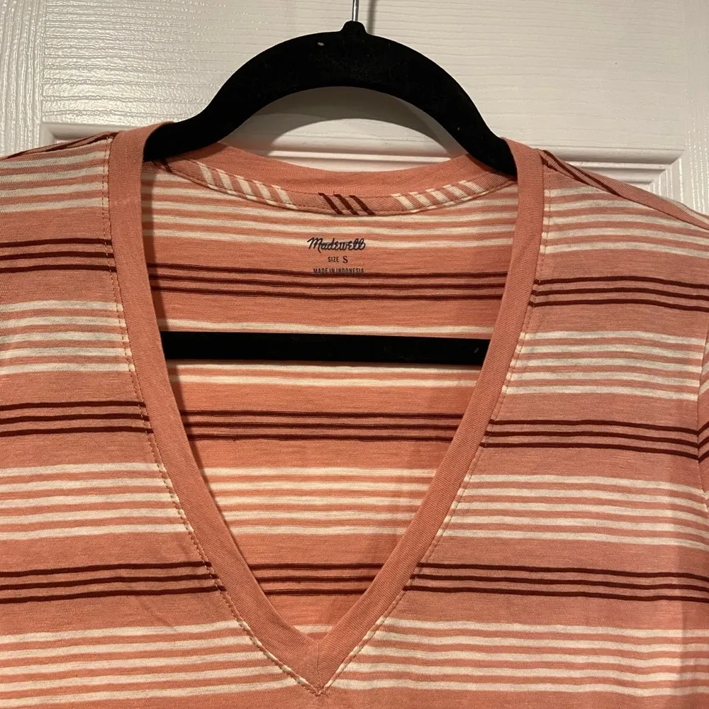 NWOT Madewell Size S Burgundy Pink Striped V Neck Short Sleeve Cotton Tee Shirt - Image 5