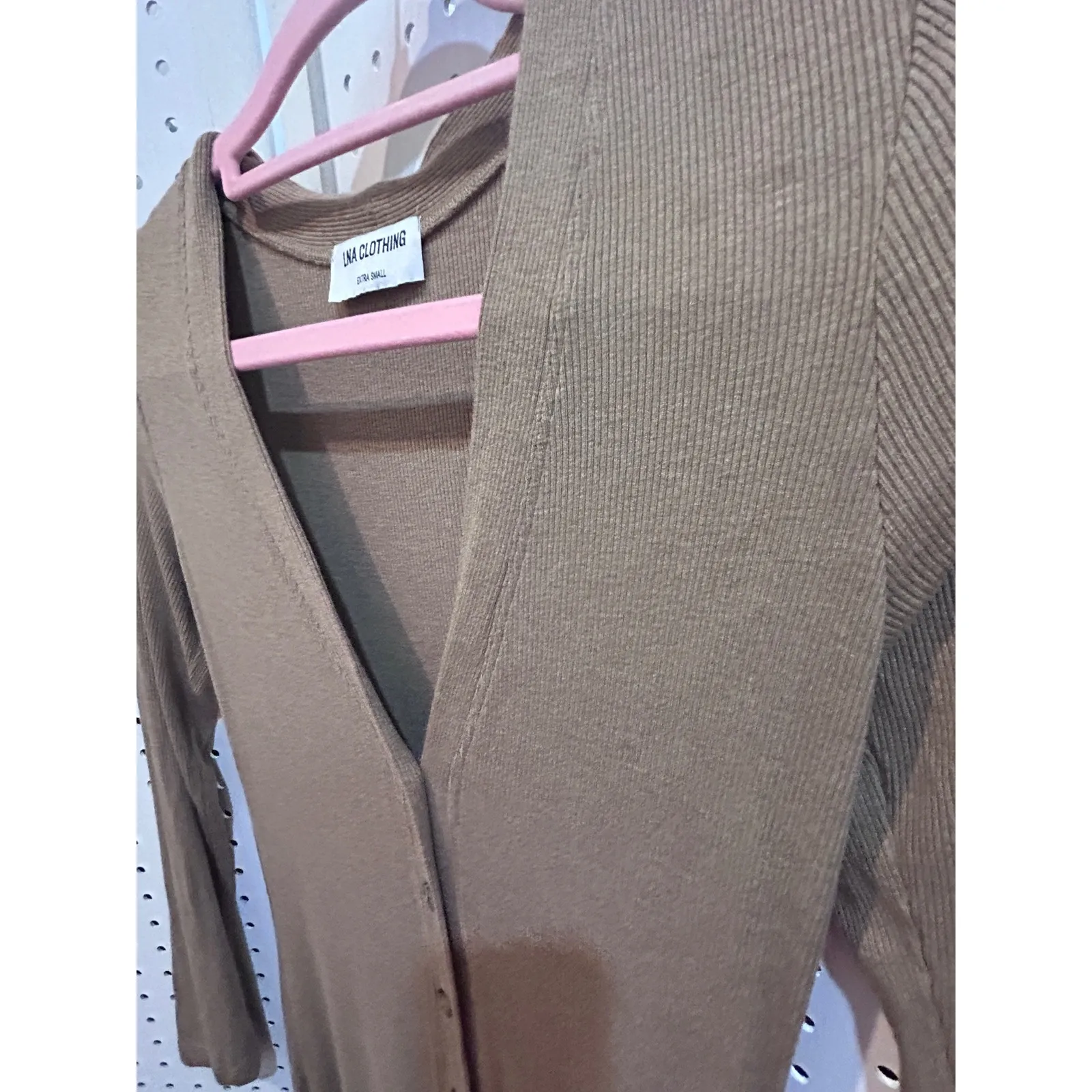 LNA Clothing Ribbed V‎ Neck Button Front Long Sleeve Midi Dress Extra Small Brown - Image 3