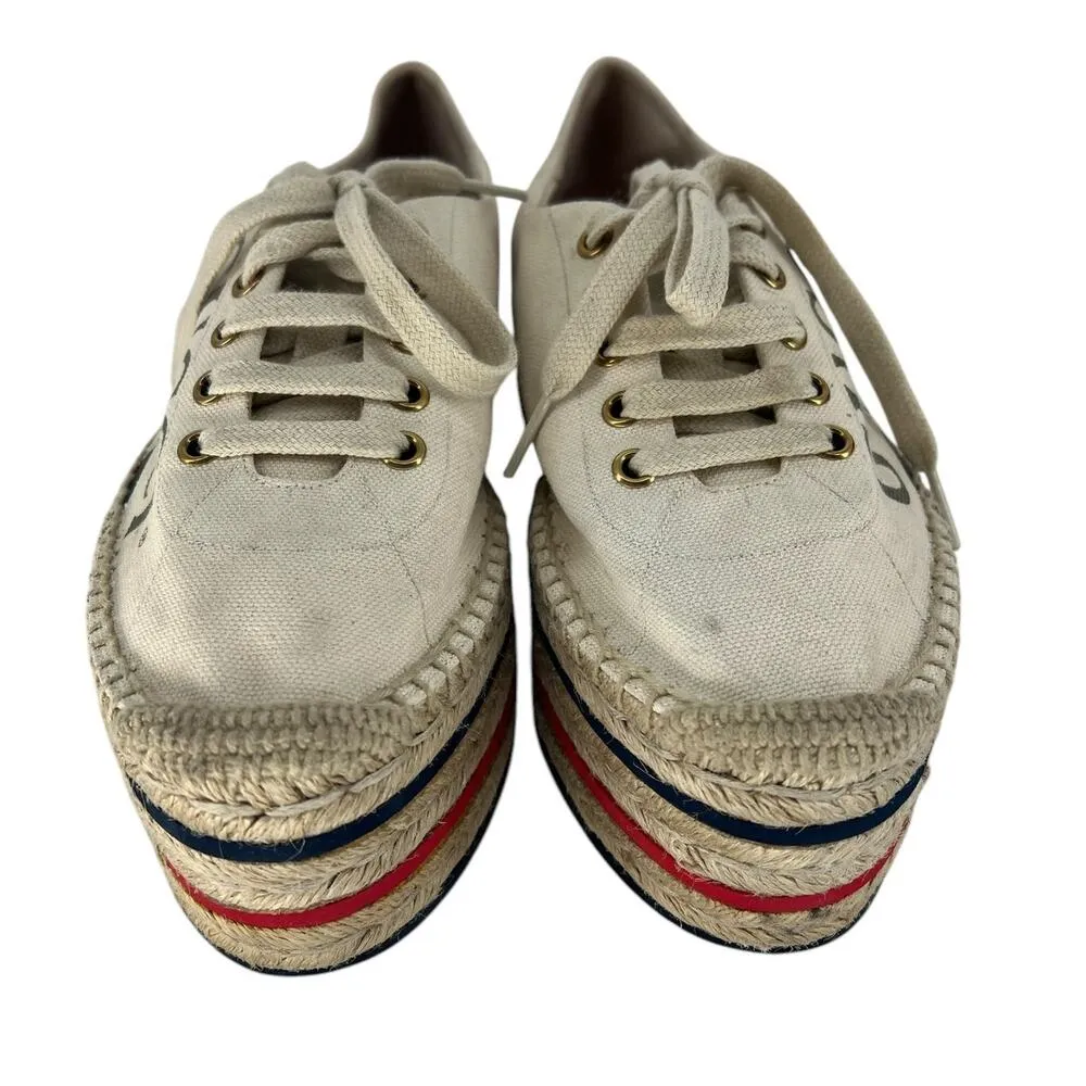 Gucci  Cream Lace Up Canvas Logo Platform Espadrilles - Image 5