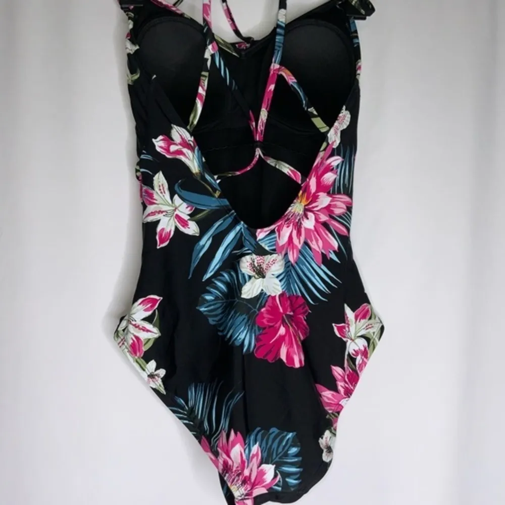 Kona Sol Black With Pink Tropical Floral Print Lace Up Back One piece Swimsuit M - Image 6