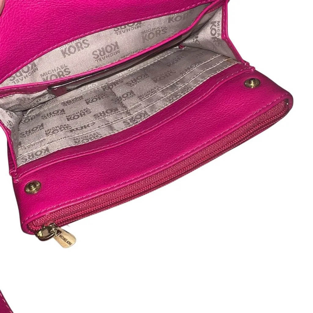 Michael Kors Jet Set Pink Leather Crossbody Bag Gold Logo Small Wallet Purse - Image 11