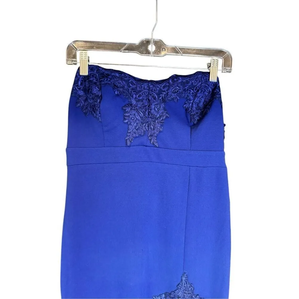 Lulus Twyla Royal Blue Embroidered Strapless Maxi Dress gown with slit  Sz L - Image 5