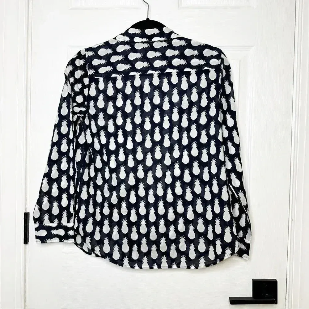 TALBOTS Cotton Pineapple Print Black‎ White Button Down Top Size Petite - Image 5