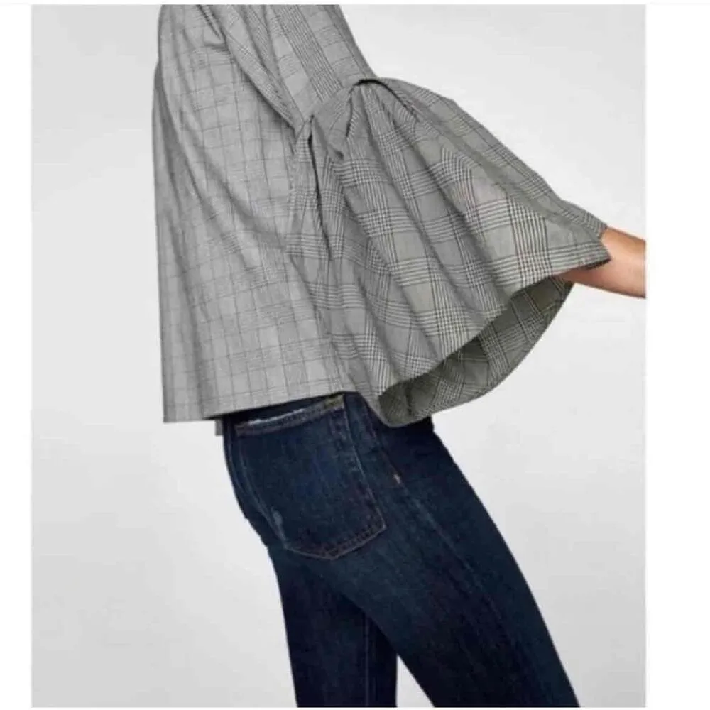 Zara Bell Sleeves Plaid Blouse top Small NWT black white Woman - Image 3