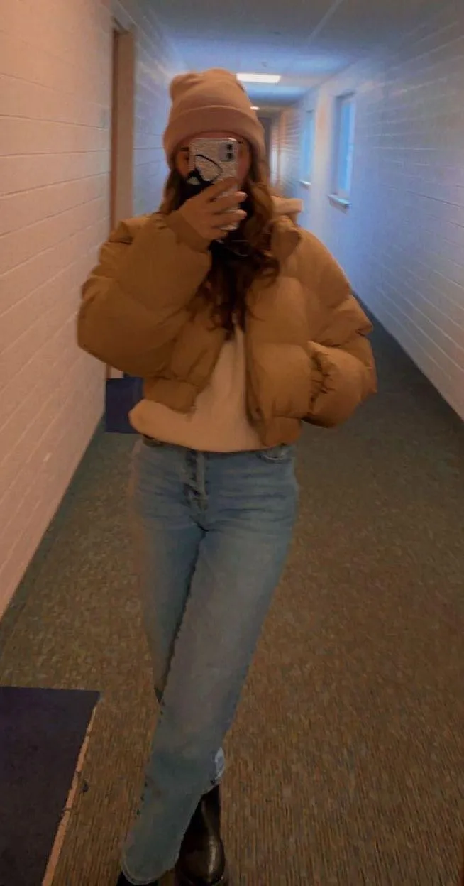 Shown Cropped Puffer Jacket Tan - Image 2