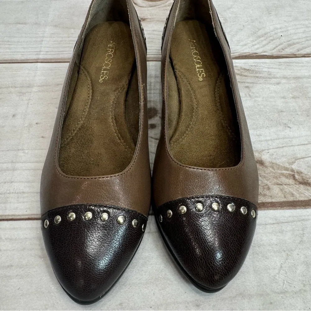 Aerosoles  Know It All Two Tone Brown Genuine Leather Flats with Silver Studs 7M - Image 5