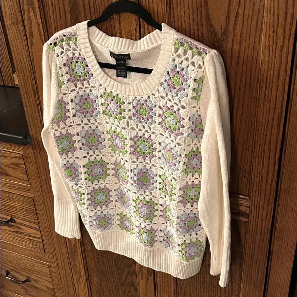 Design 365 Crochet Open Knit Sweater Granny Square Cream Purple Blue Green Large - Image 2