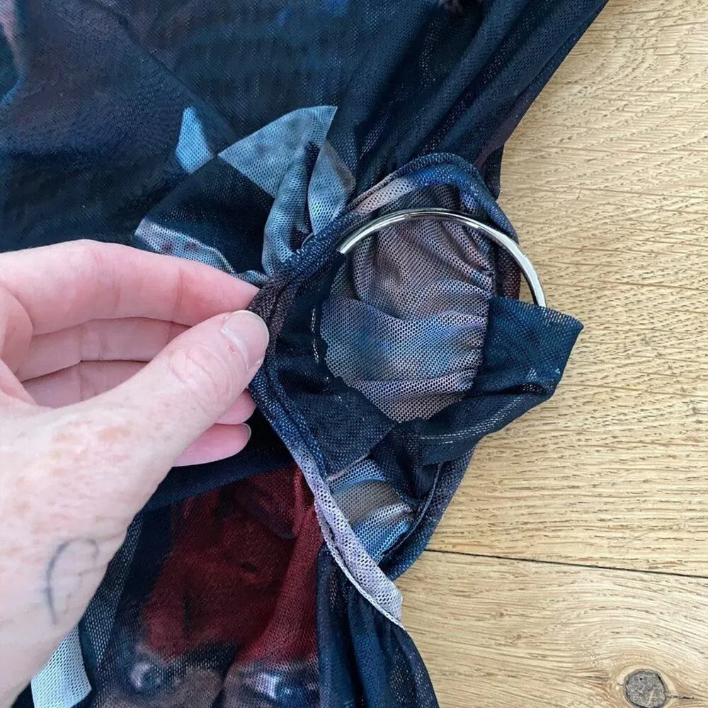 Sheer Mesh High Neck Suspender Belt Long Sleeve Body Top in Black Multi Blue - Image 3