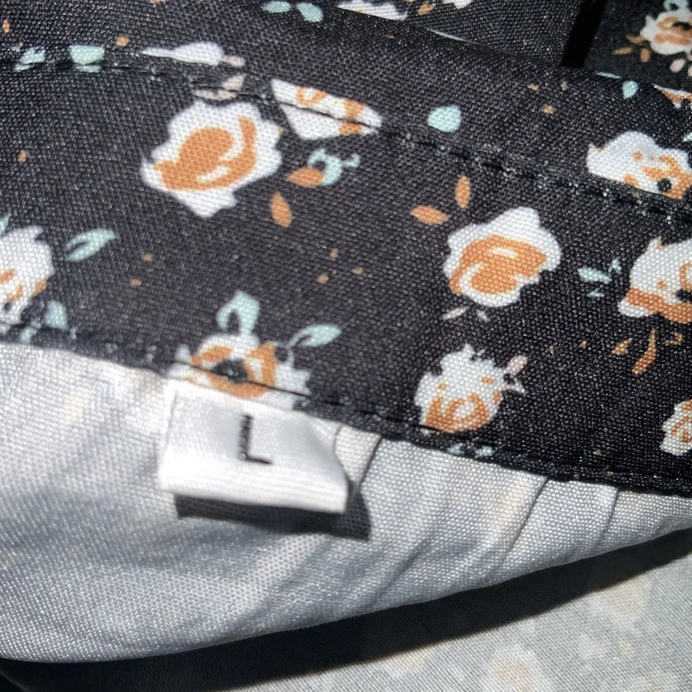 Prairie Midi Short Sleeve Flowy Peach & White Floral Black Button Front Dress L Size L - Image 10