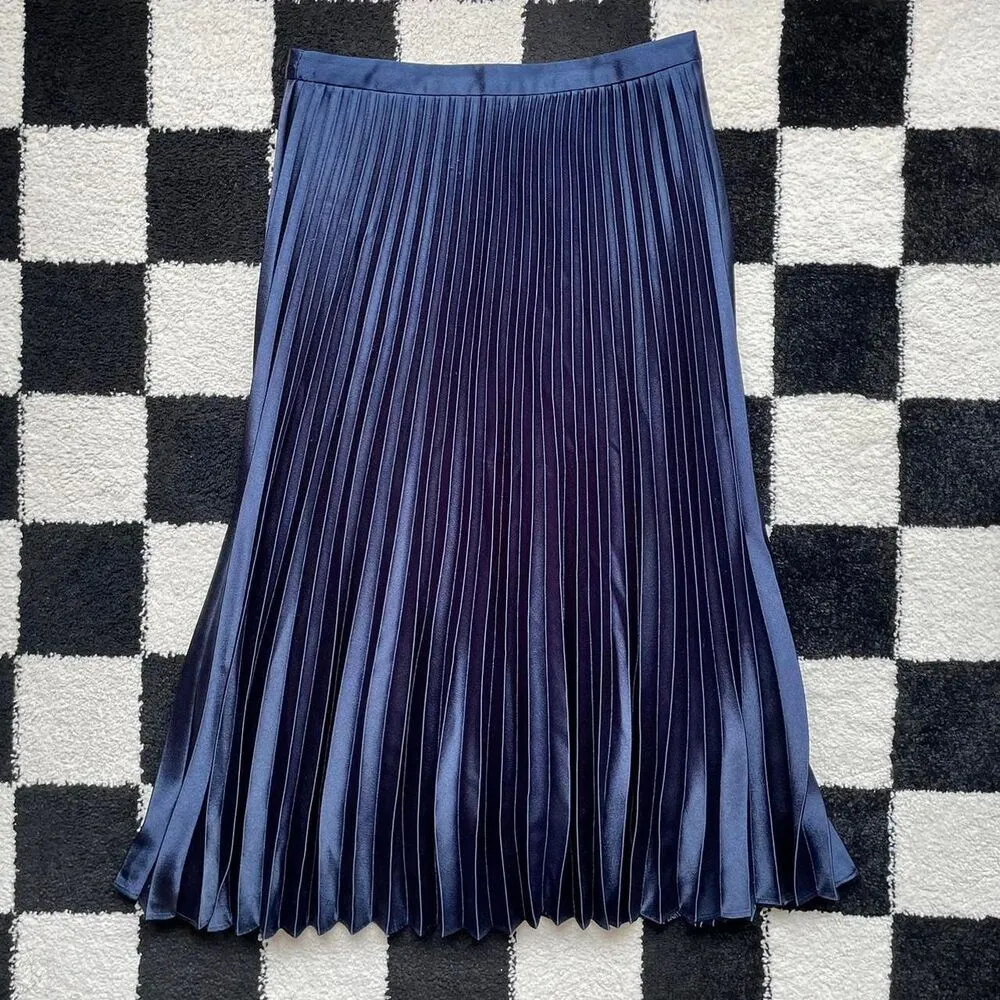 Whistles Navy Blue Satin Pleated Skirt 6 - Image 2