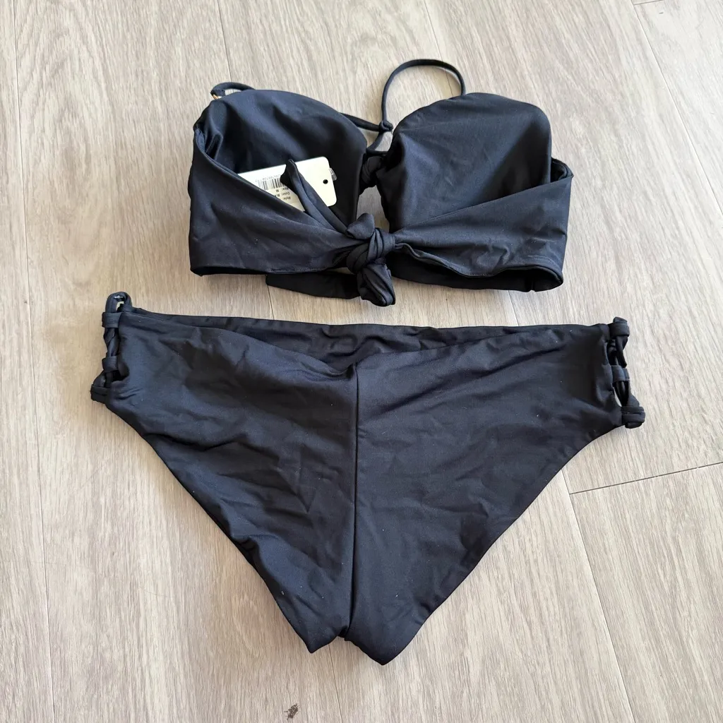 L*Space by Monica Wise Black Bandeau Bikini Set Tie Front - Image 6