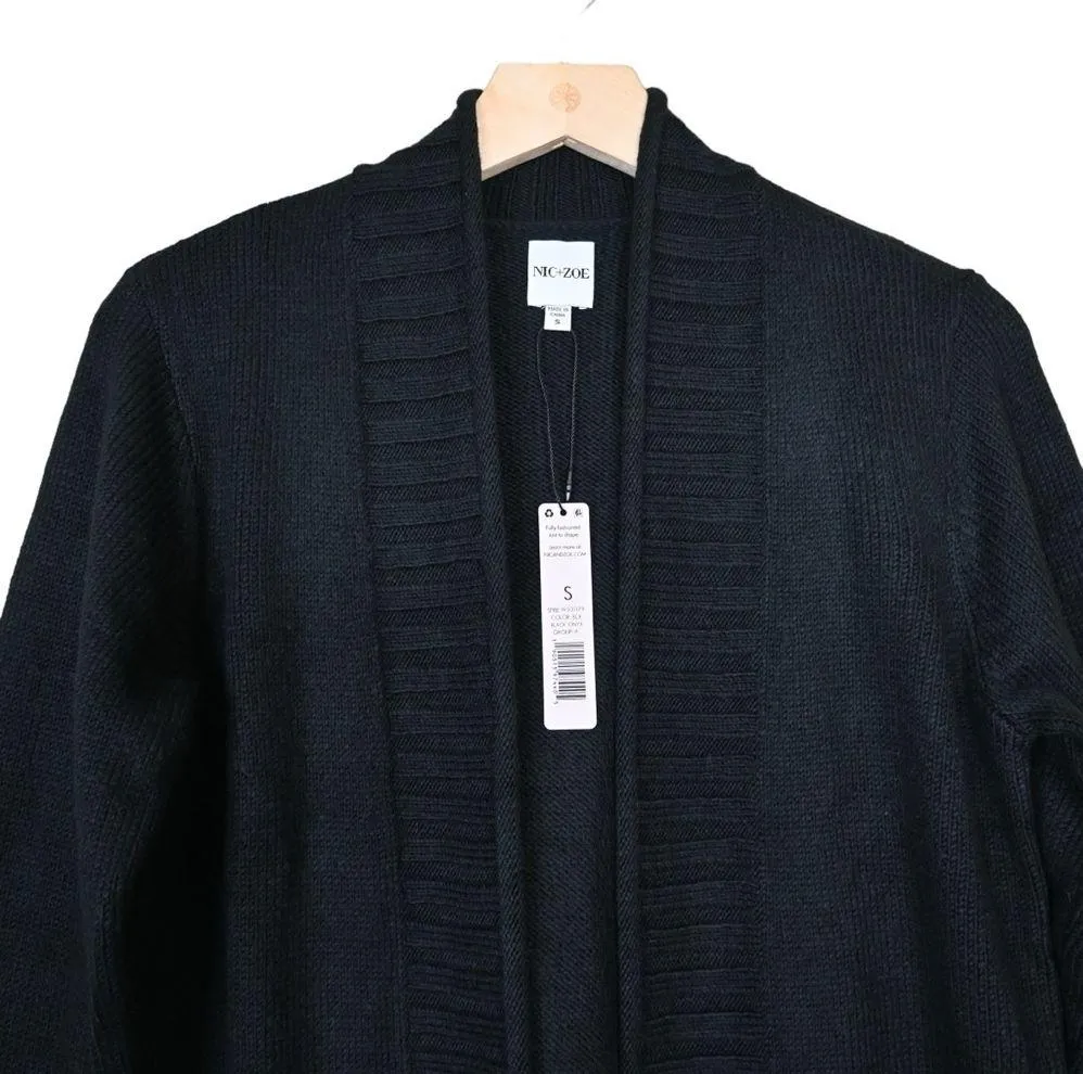 NIC+ZOE Womens S Festive Days Longline Faux Fur Trim Cardigan in Black NEW - Image 4