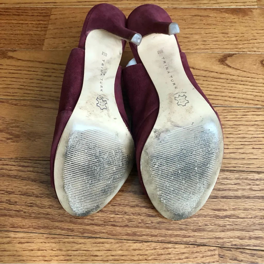 Trina Turk TARE Laguna Tawny Port Deep Burgundy Suede Mules Heels Women’s Size 8 - Image 10
