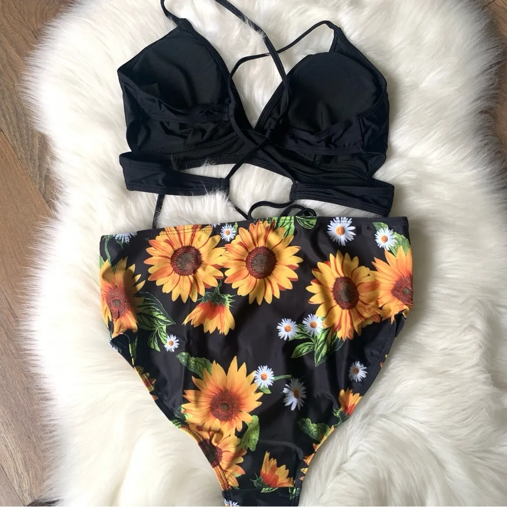 Maternity Two Piece Bikini Criss Cross Black Yellow Sunflower Swimsuit Small Size undefined - Image 7