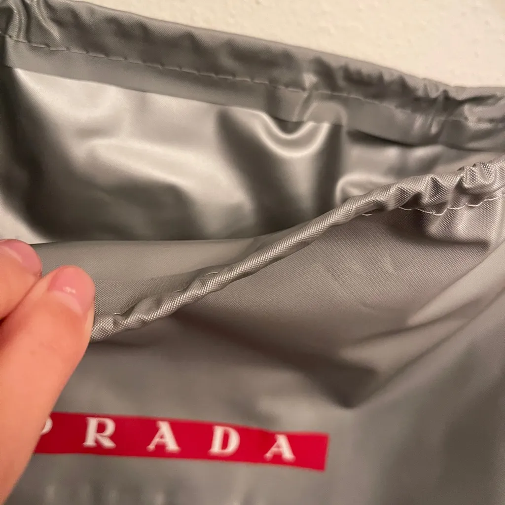 PRADA Nylon Drawstring Dust Bag Gray Red White PRADA Stripe Logo - Image 4