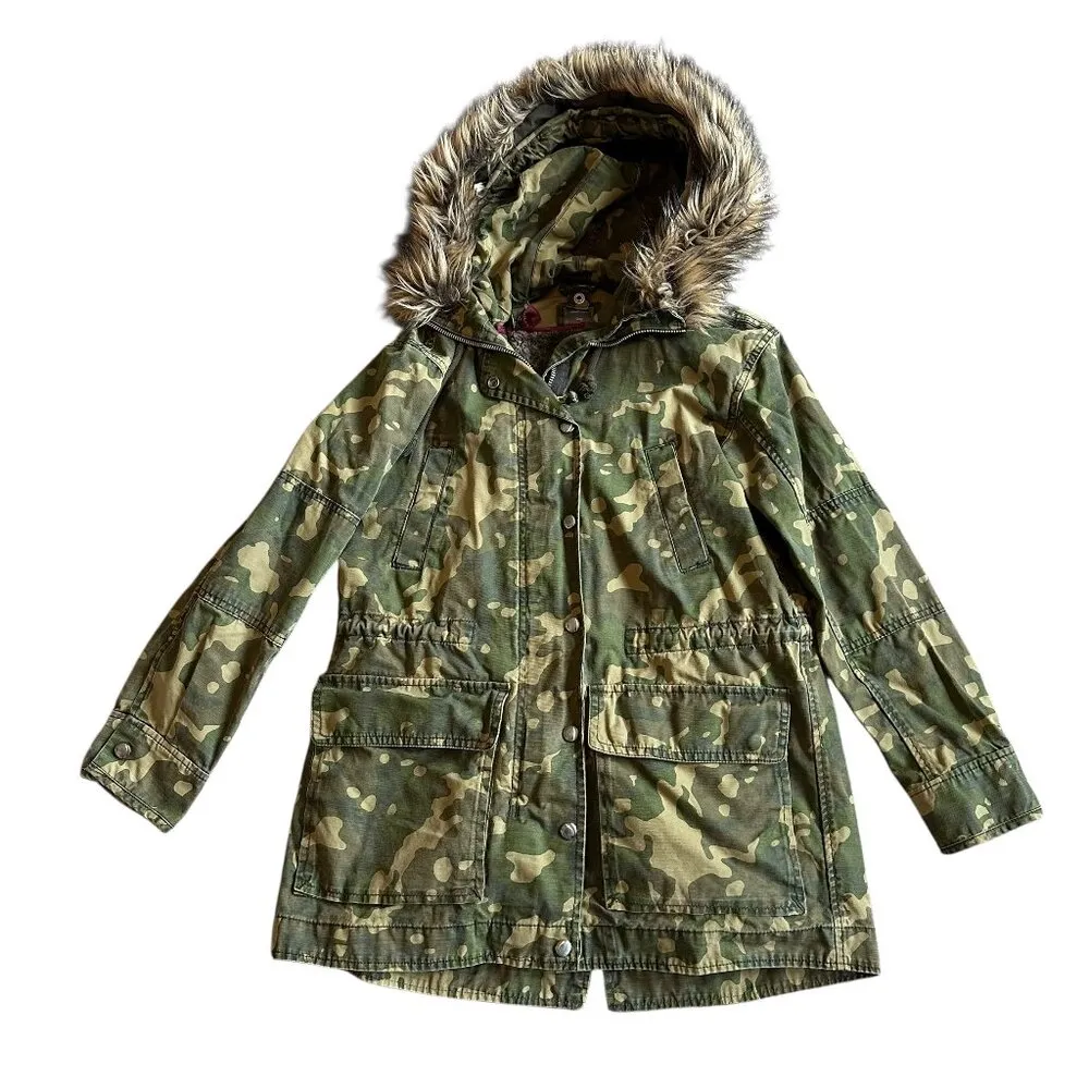 Gap Camo Print Jacket Coat Anorak Faux Fur Lined Hood Zip-Out Lining Size Small - Image 2