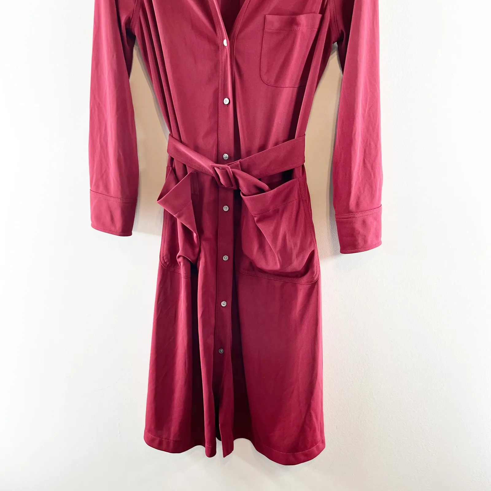 J. Crew Long Sleeve Belted Midi Shirt Dress Maroon Burgundy Red Medium Petite - Image 8