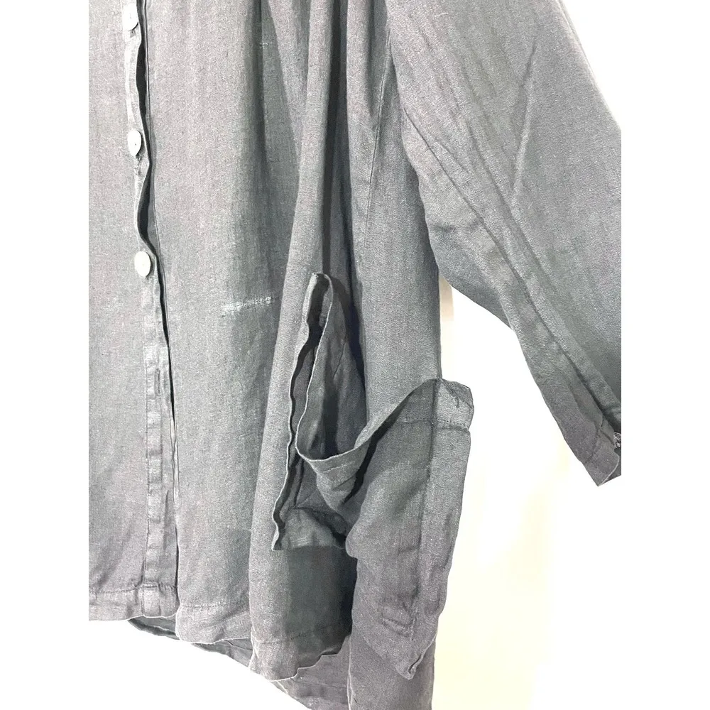 Match Point Black Funnel Neck Button Front Linen Lagenlook Top Size Small - Image 4