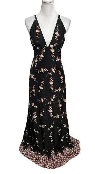 Poupette St Barth NWT Mara Long Dress Open Back Black Pink Silk Satin Size Small - Image 1