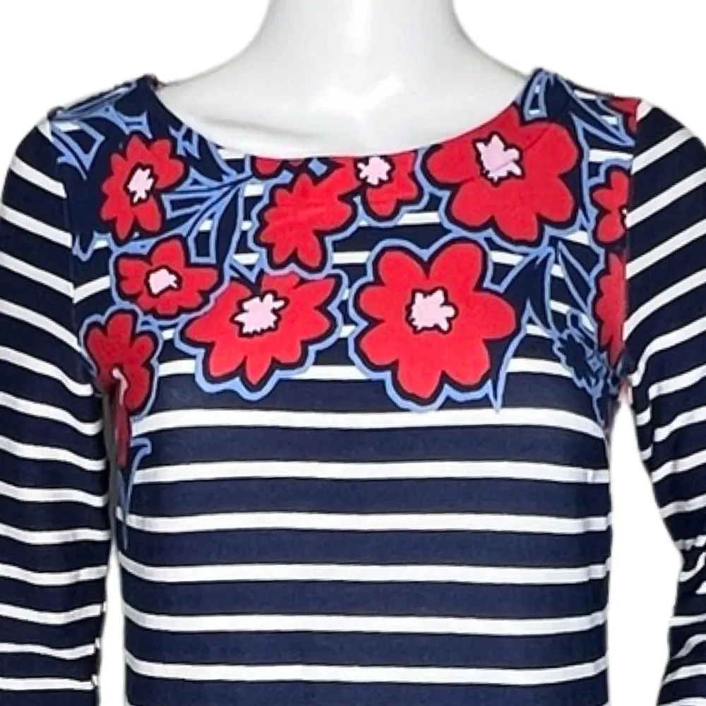Talbots Dress Womens XS Petite Navy Blue White Striped Floral Sheath Work Casual - Image 5