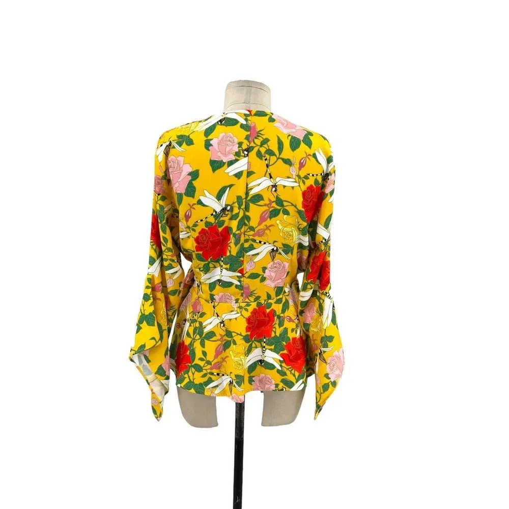 Betabrand Perfect Blouse Wrap‎ Top in Dragonfly Floral Print Yellow Size Medium - Image 11