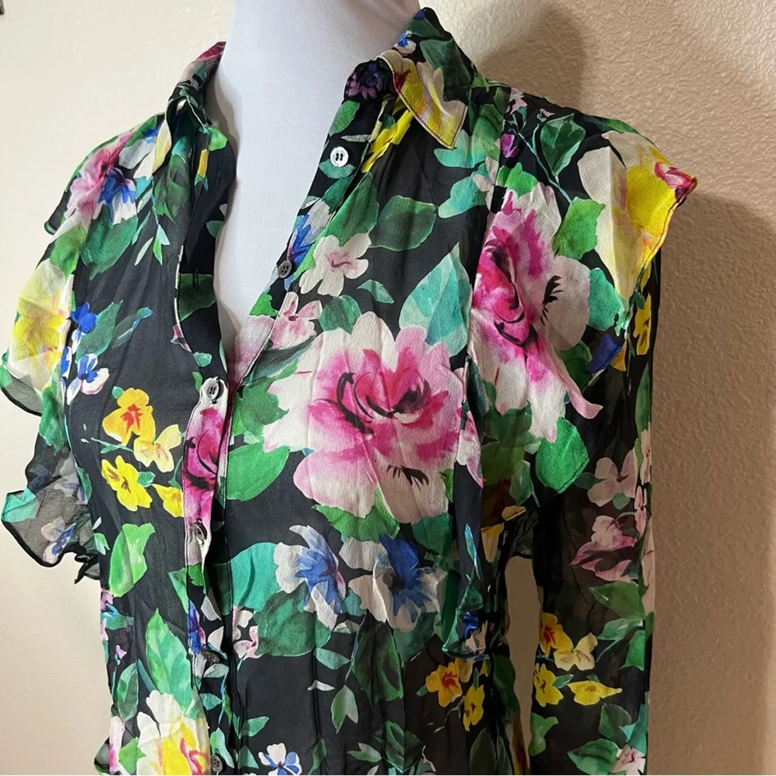 Marissa Webb silk floral ruffle long sleeve button front collared mini dress S Black - Image 4