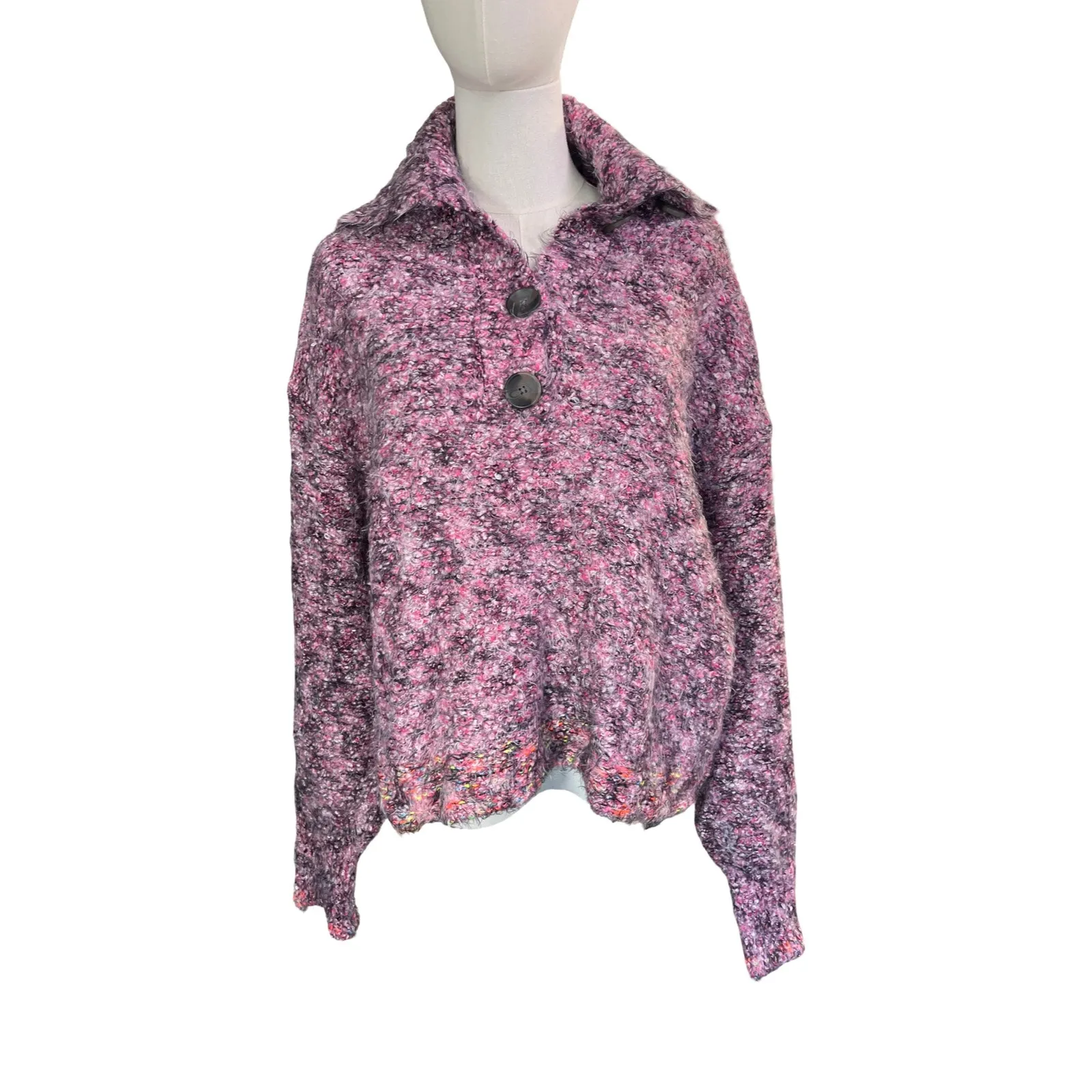 Free People Stellar Knit Pullover Sweater Pink Boucle Collared Button Size Med - Image 3