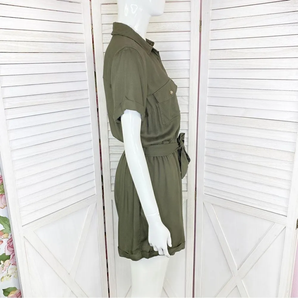 Juniors SO Cuffed Hem Button Front Utility Romper Olive Green Small - Image 3