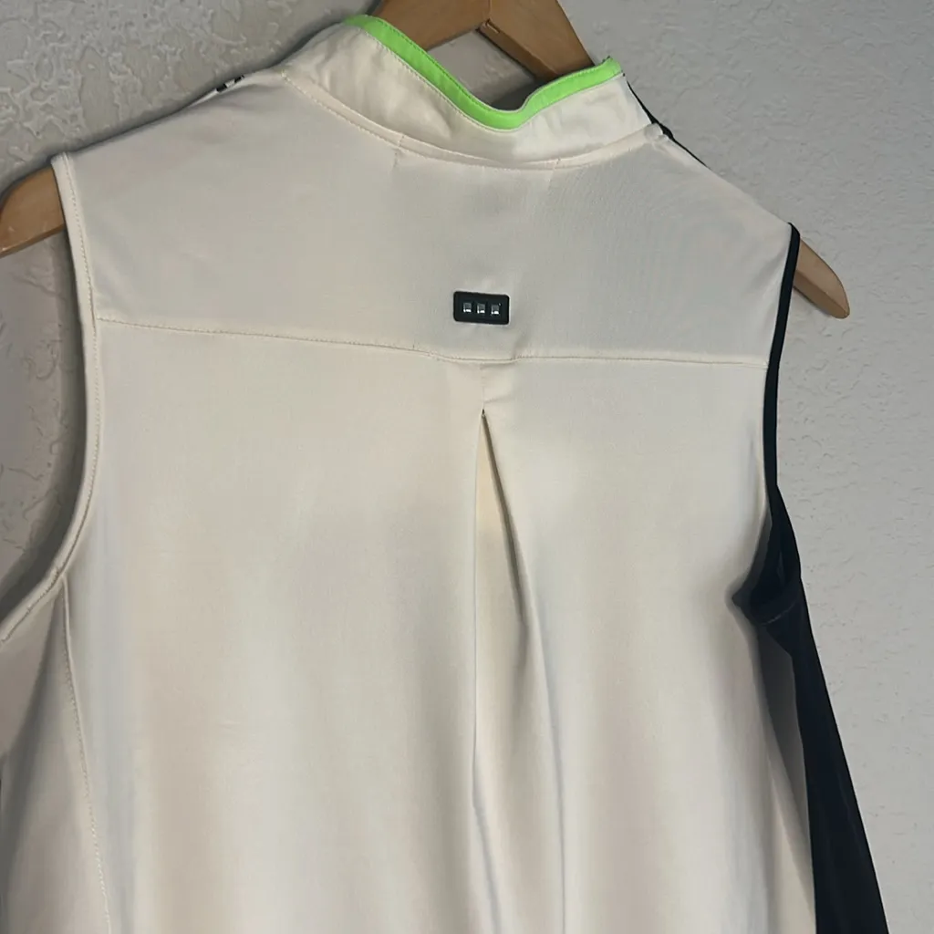 Jamie Sadock Golf Shirt Sleeveless Side Zip Black Cream Print Neon Trim Athletic Size M - Image 7