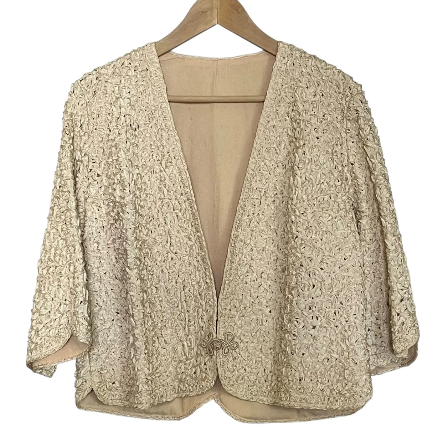 Vintage Handmade Cream Silk Ribbon Woven Capelet Box Jacket - Image 10