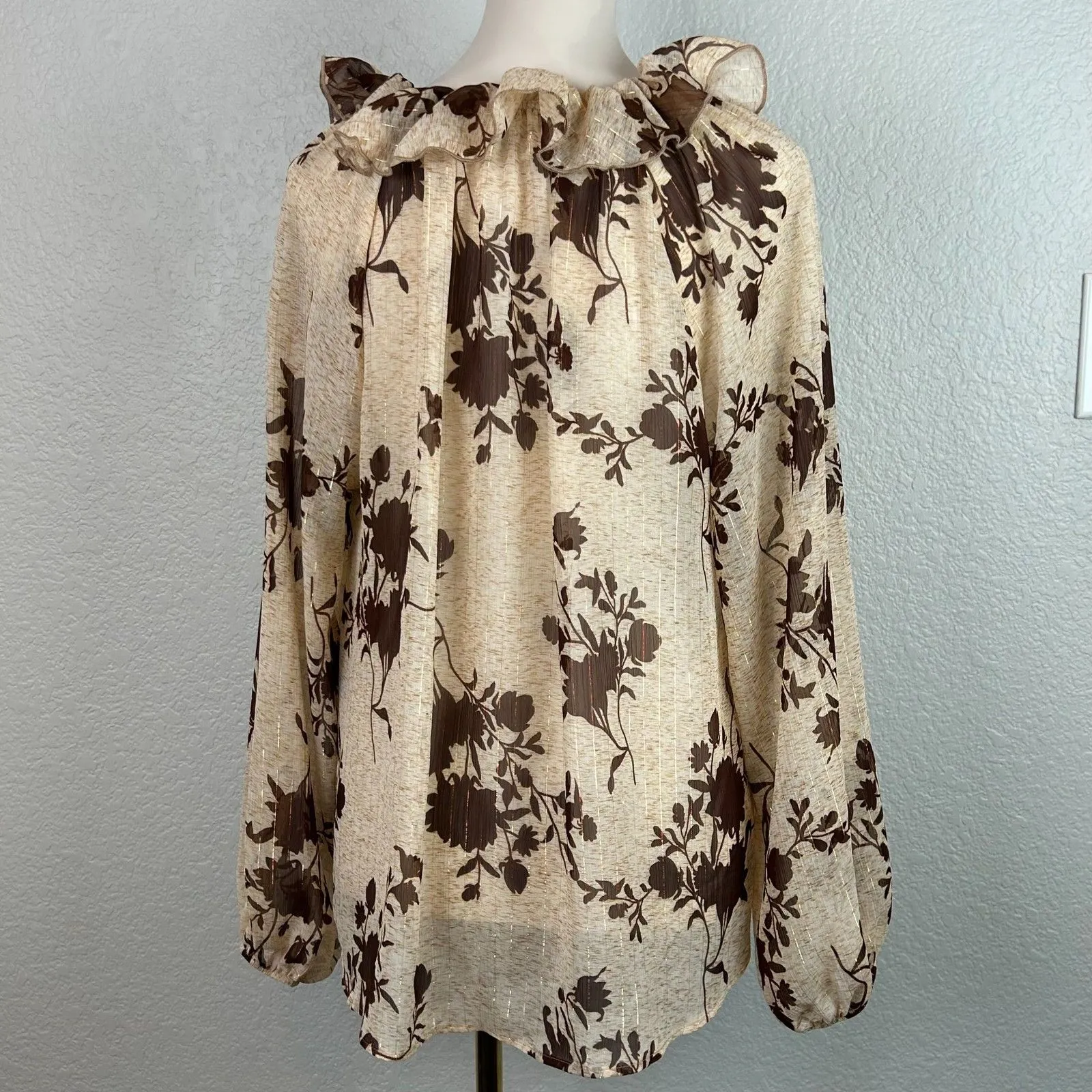 Bucket List Women's Floral Top Blouse Boho Peasant Ruffle Neck Long Sleeve Brown Size M - Image 7