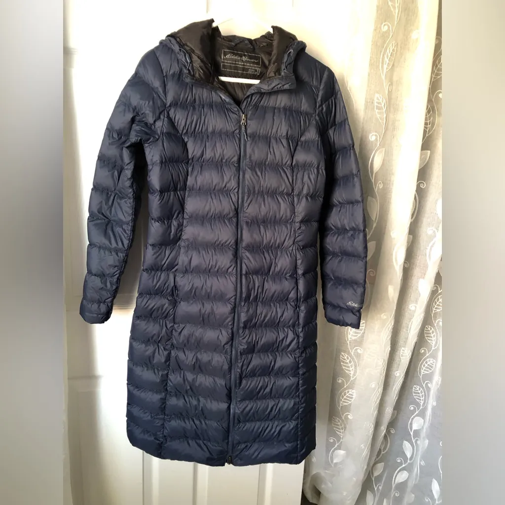 Eddie Bauer Women down Puffer long jacket hoodie Coat sz S lightweight full zip - Image 3