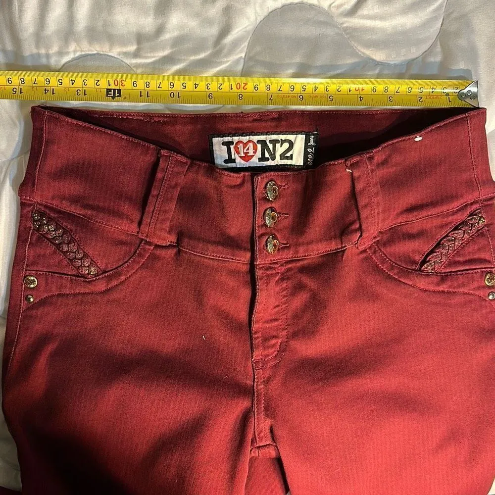 I Love N2 Elastic Tapered Jeans Red with Heart Back Pockets Waist: 29 inches - Image 3
