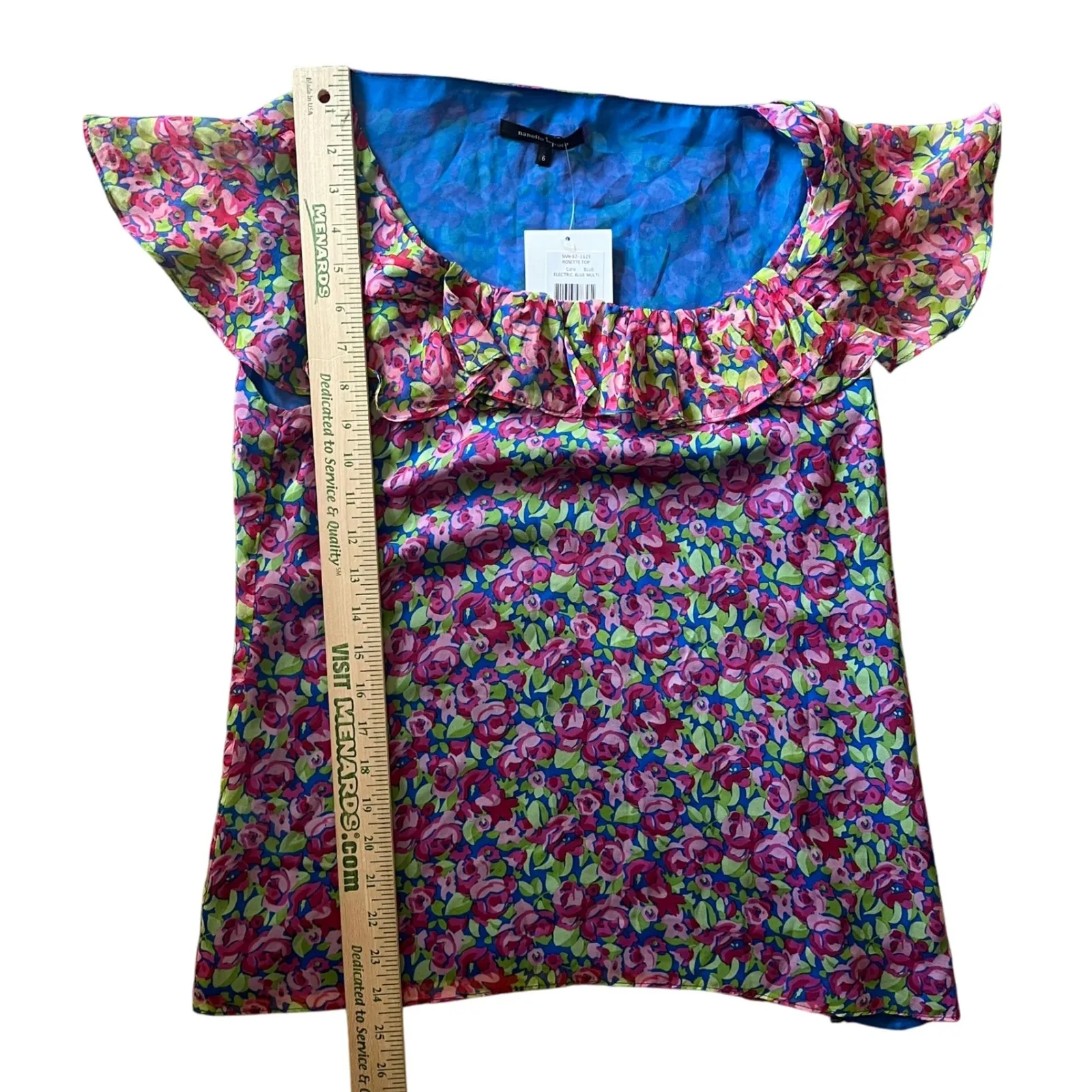 Nannette Lepore Rosette Top Size 6 Electric Blue Floral 100% Silk‎ Ruffle - Image 7