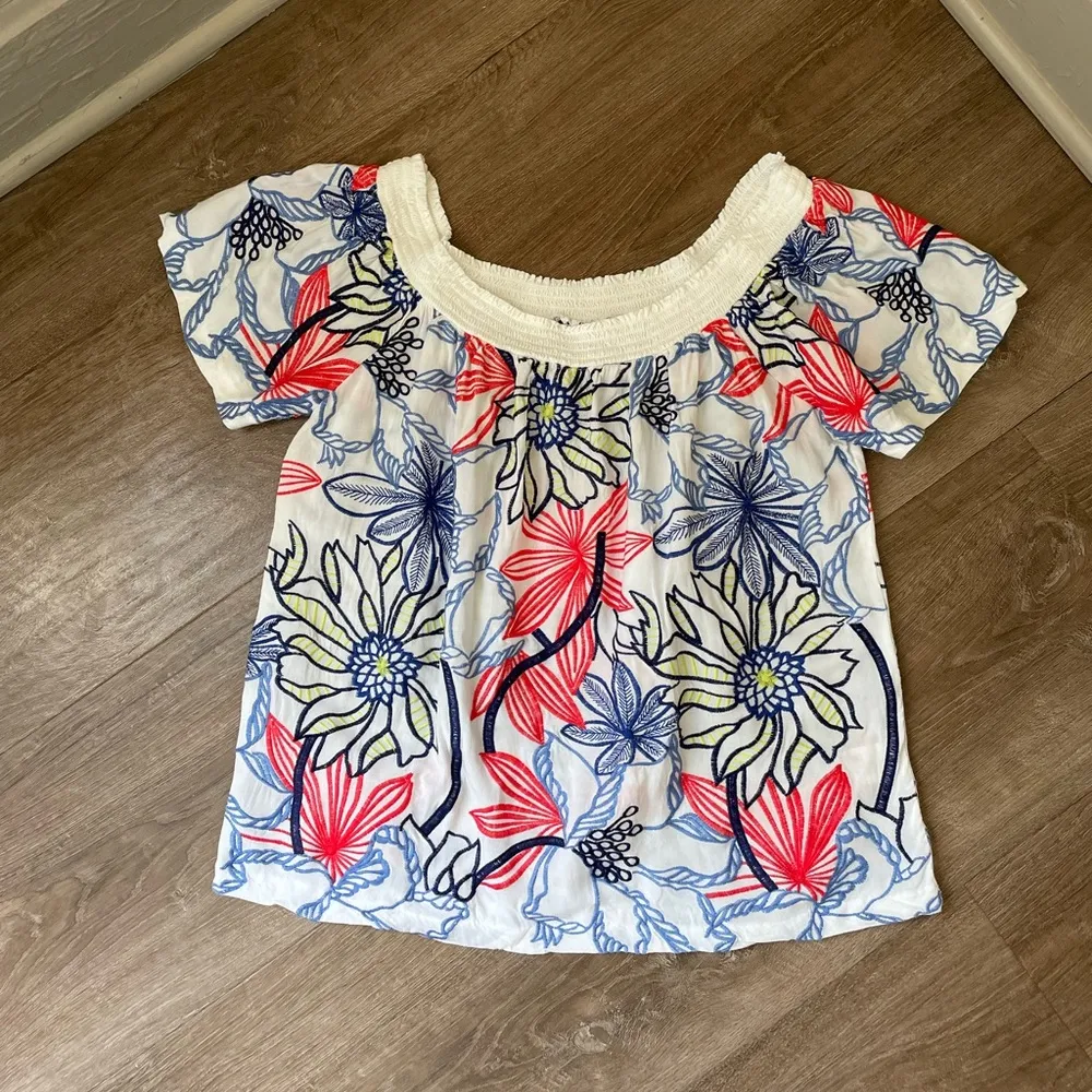 Skies Are Blue Short Sleeve Embroidered Floral Blouse Off Shoulder ~ Size S - Image 3