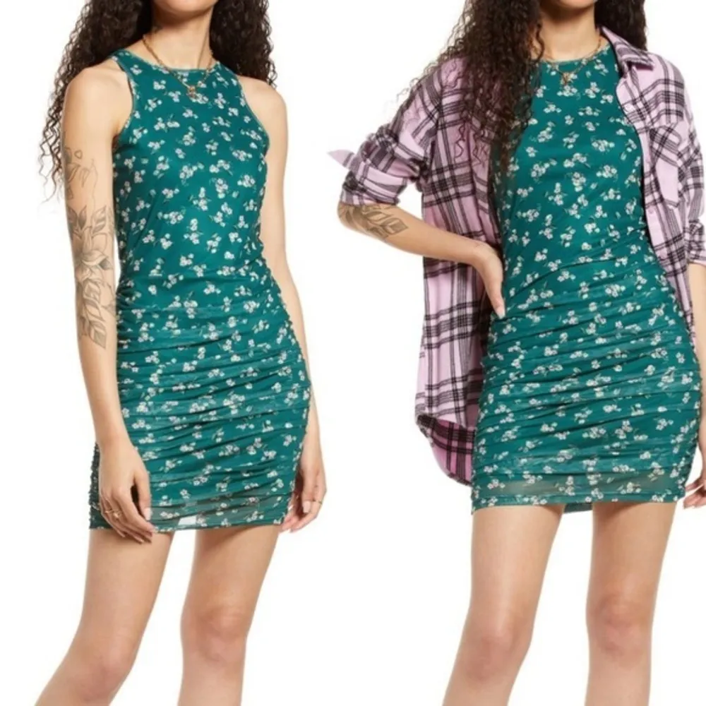 Nordstrom BP. Ruched Mesh Bodycon Dress Green Botanical Floral NWT - Image 4