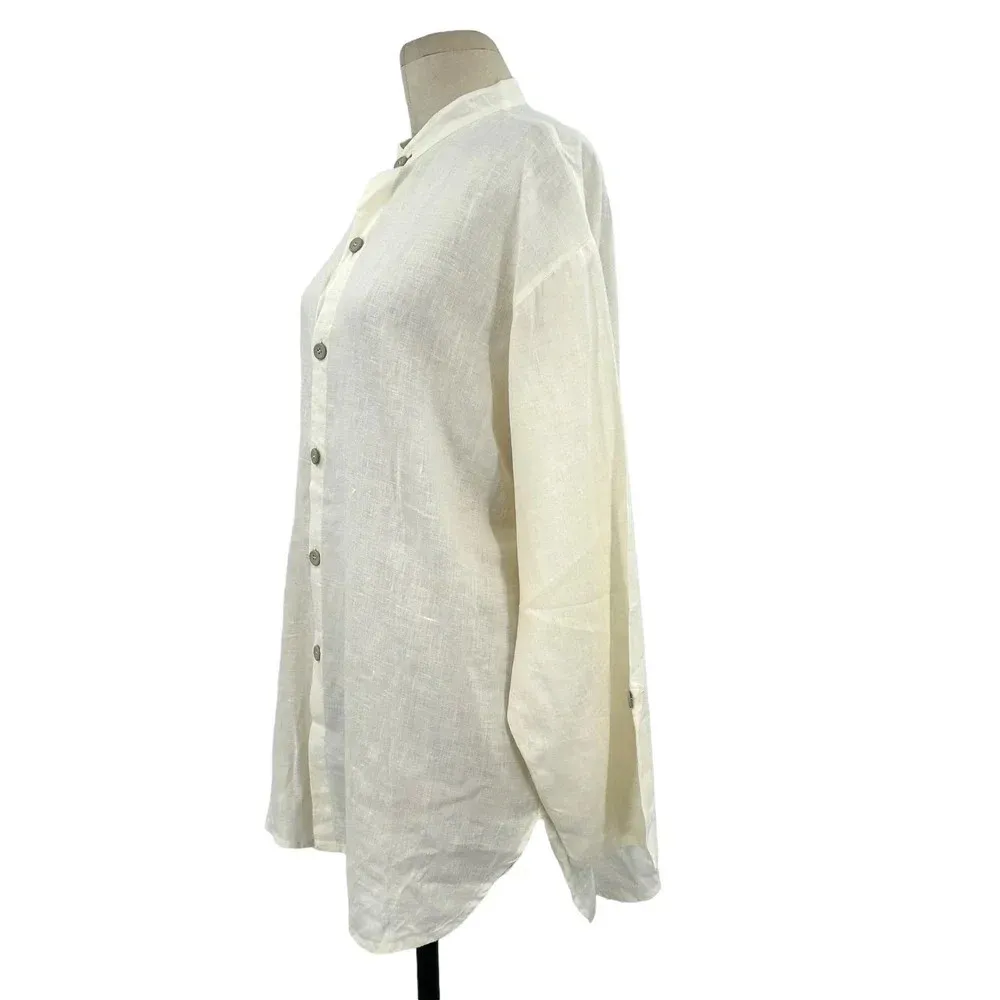 FLAX Linen Lagenlook Button‎ Down Front Tunic Top White Cream Size Small - Image 4