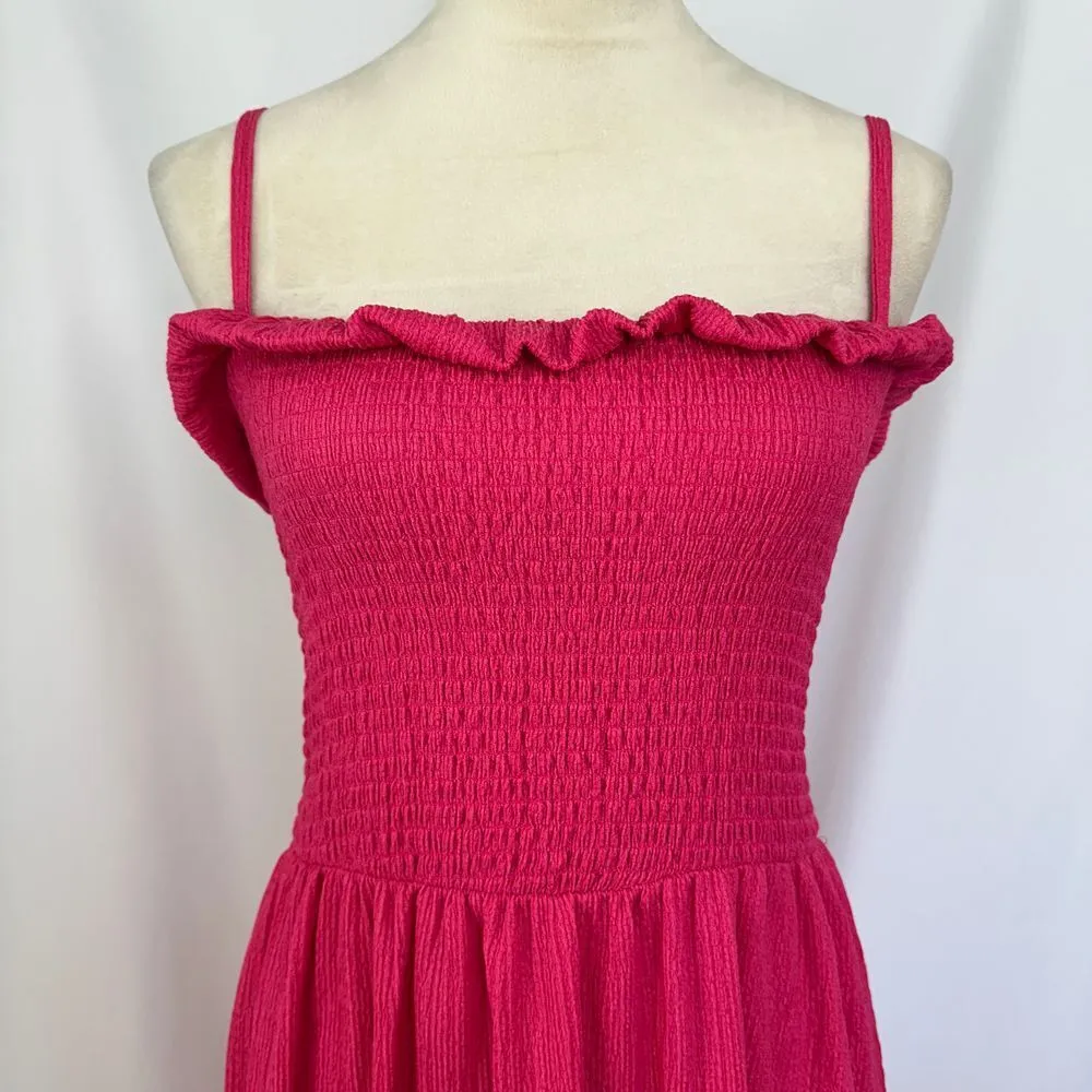 H&M Hot Pink Smocked Midi Dress Ruffle Trim Spaghetti Strap Sundress Women Large - Image 2